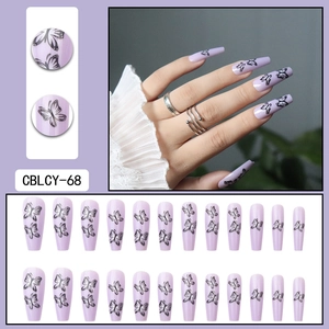 Long ballet press-on nails with purple base and black butterfly design, set of 24 pieces