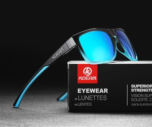 Detailed close-up of KDEAM polarized sports sunglasses with blue mirrored lenses on a black box