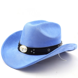 Detail of sky blue western cowboy hat with cattle head buckle and leather band strap