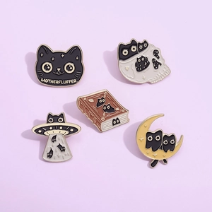 Five-piece set of cartoon black cat enamel pins with moon, UFO, and book motifs
