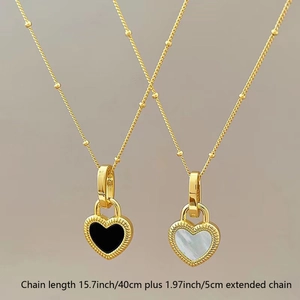 Elegant 18K gold plated double-sided heart necklaces with black and white shell inlays