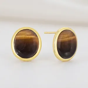 Boucles D Oreilles À Tige Oeil De Tigre Avec Tige En Argent Sterling 925 Cuivre Plaqué Or Rétro Pour Femmes