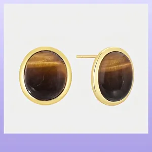 Tiger Eye Stud Earrings With 925 Sterling Silver Earring Post Round Copper Gold Plated Retro Jewelry For Women