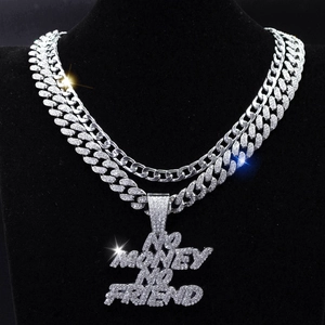 Collana con ciondolo NO MONEY NO FRIEND ghiacciato e doppia catena cubana hip-hop