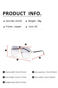 Detailed size chart for geometric copper frame sunglasses showing all frame dimensions