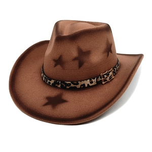 Western Cowboy Hat Cotton Polyester Wide Brim Star Pattern Leopard Belt Fedora For Men Women
