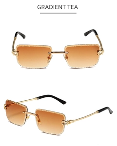 Detailed view of rimless square sunglasses with gradient tea lenses and twisted metal temples