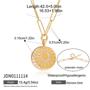 Detailed size chart of a gold sunburst pendant necklace with dimension measurements