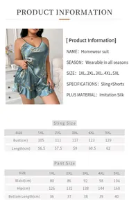 Size chart for plus size satin floral sleepwear set from 1XL to 5XL with measurements