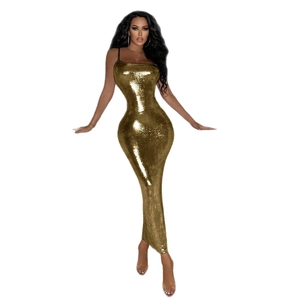 Elegant gold sequin backless slip maxi dress for women featuring a slim fit silhouette