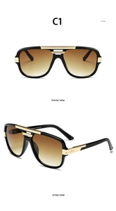Detail view of square pilot sunglasses with black frames and gold metal bridge