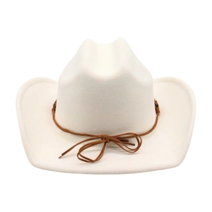Detailed view of white felt western cowboy hat with a thin brown rope bow accessory