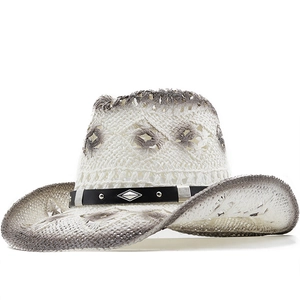 Chapeau De Cowboy En Paille Pour Femmes Large Bord Protection Solaire Ajouré Paille De Papier Avec Bande De Rivets En Simili Cuir