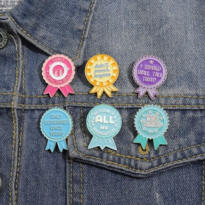 Cartoon alloy enamel medal brooches set on denim jacket featuring vibrant dopamine colors