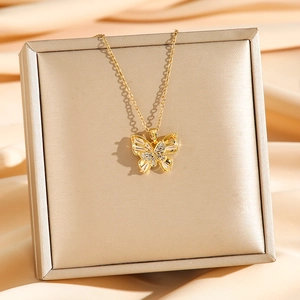 Luxurious double-layer titanium steel necklace with crystal-encrusted gold butterfly pendant
