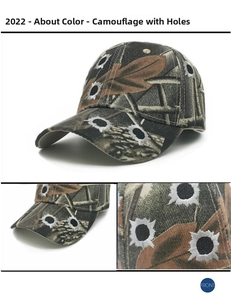 Detail of woodland camouflage baseball cap with unique bullet hole embroidery design