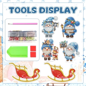 5D DIY Christmas diamond painting kit featuring gnomes, reindeer, and sleds with tools