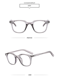 Front and side view of trendy gray transparent eyewear frames with metal hinges