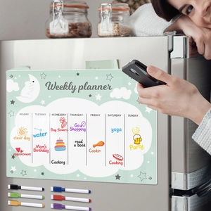 Magnetic acrylic weekly planner board on fridge with 6 colorful markers and eraser set