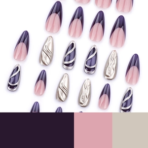 Purple French press-on nails with silver 3D textures and almond shape tips on white base