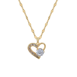 Titanium steel gold-plated heart necklace with sparkling crystals on white background