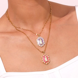 Double-layer gold necklace featuring Virgin Mary hexagon enamel pendants with zircon