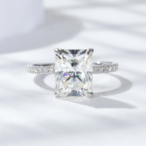 Classic 4-carat radiant cut moissanite ring in 925 sterling silver with pavé diamond band