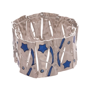 Wide silver metal bracelet with blue enamel stars and sparkling rhinestones