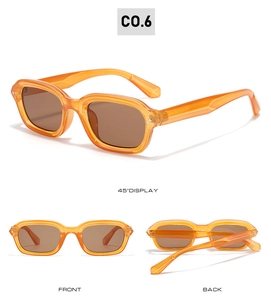 Detailed views of narrow square sunglasses with transparent orange resin frames and brown lenses