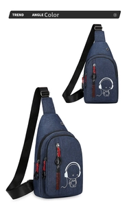 Close-up of blue crossbody bag featuring multiple zipper pockets and luminous astronaut print
