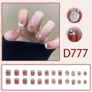 Short French blush press-on nails with silver rhinestones and shell accents D777