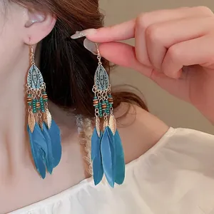 Bohemian Long Feather Tassel Earrings With Alloy Leaf Beads And 925 Sterling Silver Earring Post Ethnic Vintage