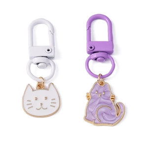 Cute cartoon white and purple cat head enamel keychains with metal lobster clasps