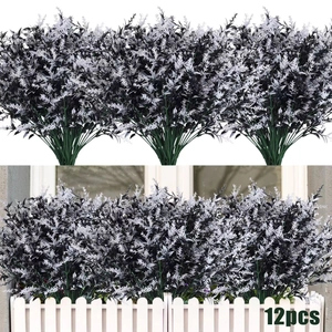 Detail view of 12pcs artificial black lavender plants in white fence planter decor