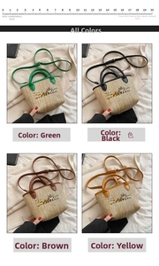 Straw bucket tote bag showing four color options with crown embroidery and strap