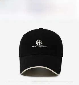 Close-up of black cotton baseball cap featuring HB embroidery and contrast brim piping