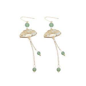 Elegant Chinese style fan shaped earrings with butterfly pearl tassels and green beads