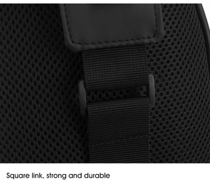 Detail of square plastic buckle with reinforced nylon webbing and mesh fabric texture