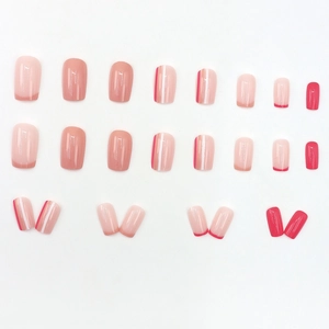 Pink and rose red square press-on nails set with elegant white stripe designs