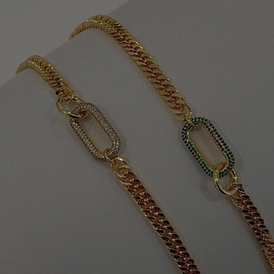 Retro geometric choker necklace in gold with white and green crystal encrusted links