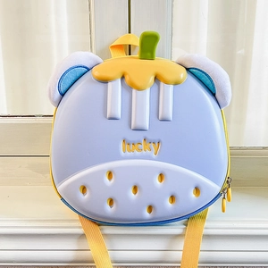 Detailed view of lavender purple EVA hard shell kids backpack with lucky lettering