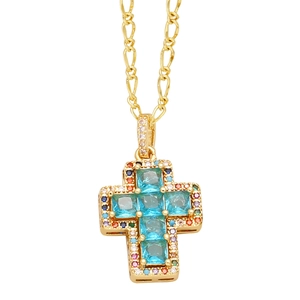 Colorful zircon cross pendant necklace with gold Figaro chain for women and men