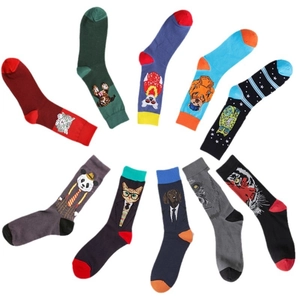 Colorful cartoon animal socks with diverse character prints in radial layout for men
