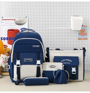 5-teiliges Schulrucksack-Set in Marineblau und Beige mit Tasche und Zubehör für Mädchen