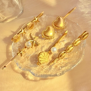 Stainless Steel Gold Hair Clips Starfish Shell Heart Artificial Pearl Ocean Theme Elegant Sweet Hairpins Accessories For Women