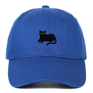 Royal blue cotton baseball cap featuring detailed black cat embroidery on front