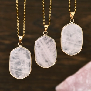 Three vintage rose quartz geometric necklaces with gold-plated stainless steel chains
