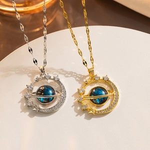 Stainless Steel Planet Pendant Necklace Blue Starry Sky Saturn Jewelry Galaxy Star Rhinestone Elegant Necklaces For Women