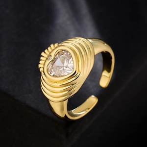 Retro Heart Cubic Zirconia Ring Copper 18K Gold Plated Open Adjustable Ribbed Texture Geometric Jewelry For Women