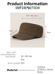 Size chart for brown distressed cotton military cap with dimensions and fabric details